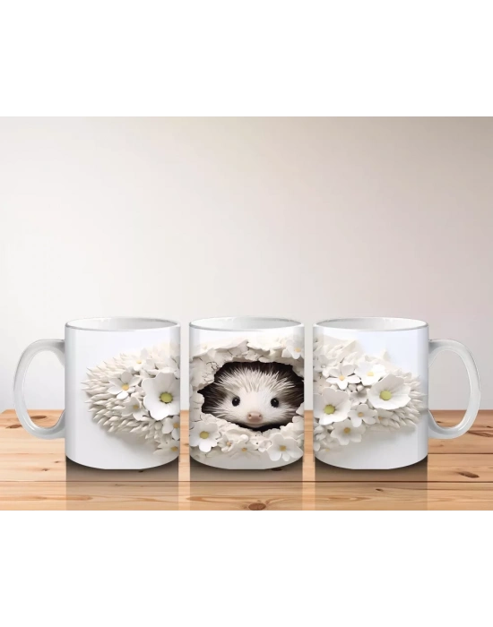 Beyaz Çiçekler Arasında Bakan Tatlı Kirpi – Baskılı Kahve Kupası