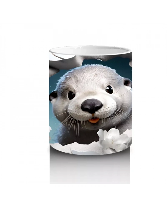 Beyaz Çiçekler Arasında Çatlak Zeminden Bakan Su Samuru - Baskılı kahve kupası