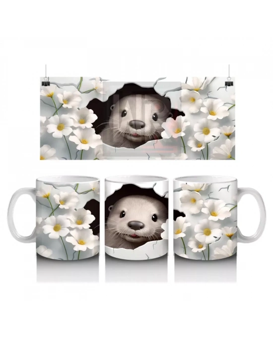 Beyaz Çiçekler Arasında Gülümseyen Sevimli Ayı – Baskılı Kahve Kupası