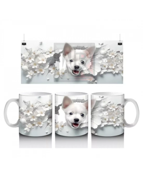 Beyaz Çiçekler Arasında Gülümseyen Yavru Köpek – Baskılı Kupa