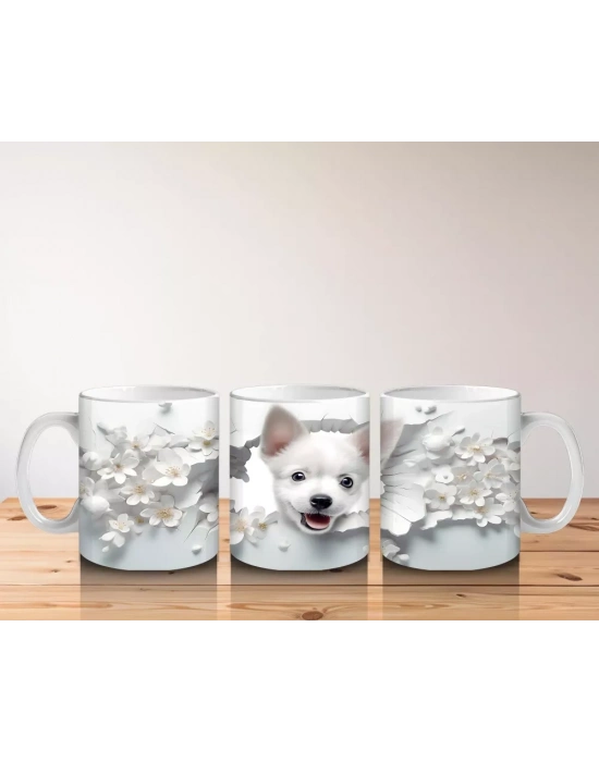 Beyaz Çiçekler Arasında Gülümseyen Yavru Köpek – Baskılı Kupa