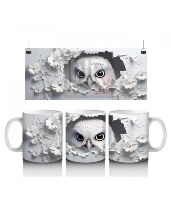 Beyaz Çiçekler Arasında Mavi Gözlü Baykuş – Baskılı Kahve Kupası