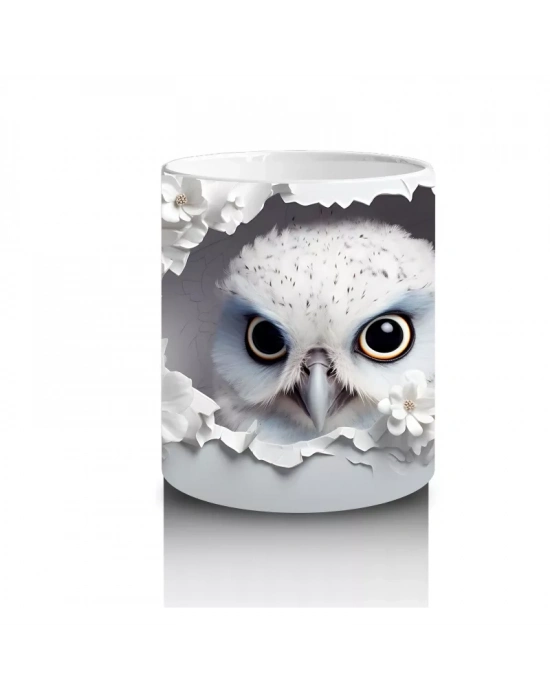 Beyaz Çiçekler Arasında Mavi Gözlü Baykuş – Baskılı Kahve Kupası