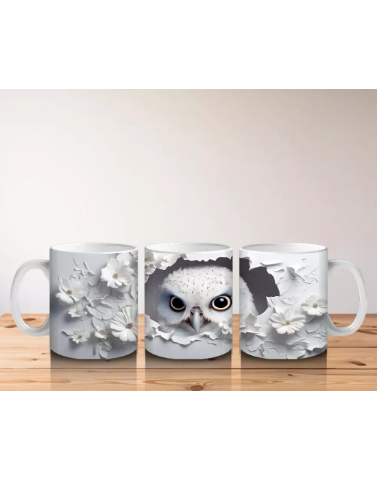 Beyaz Çiçekler Arasında Mavi Gözlü Baykuş – Baskılı Kahve Kupası
