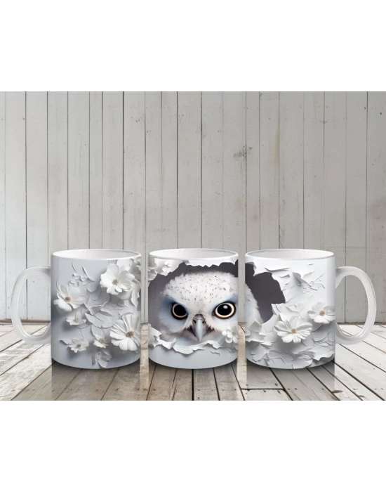 Beyaz Çiçekler Arasında Mavi Gözlü Baykuş – Baskılı Kahve Kupası