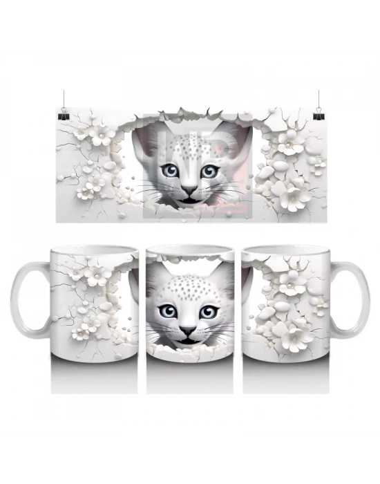 Beyaz Çiçekler Arasında Mavi Gözlü Kedi – Baskılı Kahve Kupası