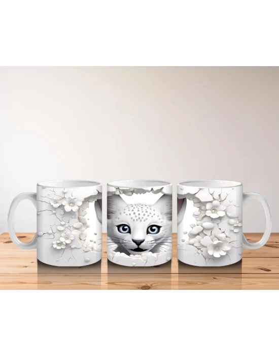 Beyaz Çiçekler Arasında Mavi Gözlü Kedi – Baskılı Kahve Kupası