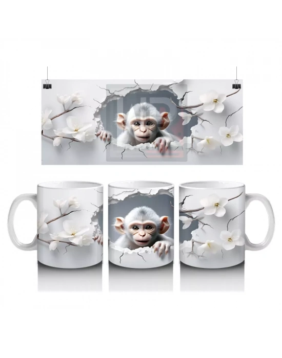 Beyaz Çiçekler Arasında Meraklı Maymun Figürü - Baskılı kahve kupası