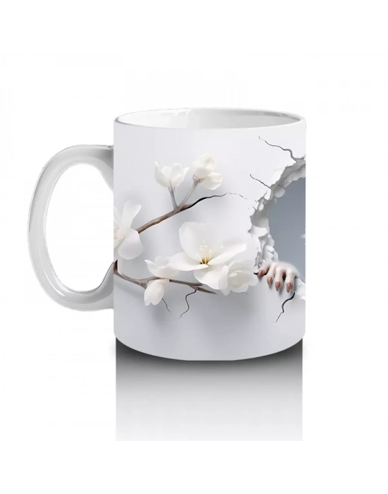 Beyaz Çiçekler Arasında Meraklı Maymun Figürü - Baskılı kahve kupası