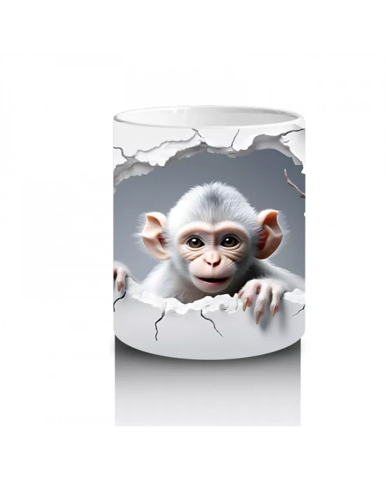 Beyaz Çiçekler Arasında Meraklı Maymun Figürü - Baskılı kahve kupası