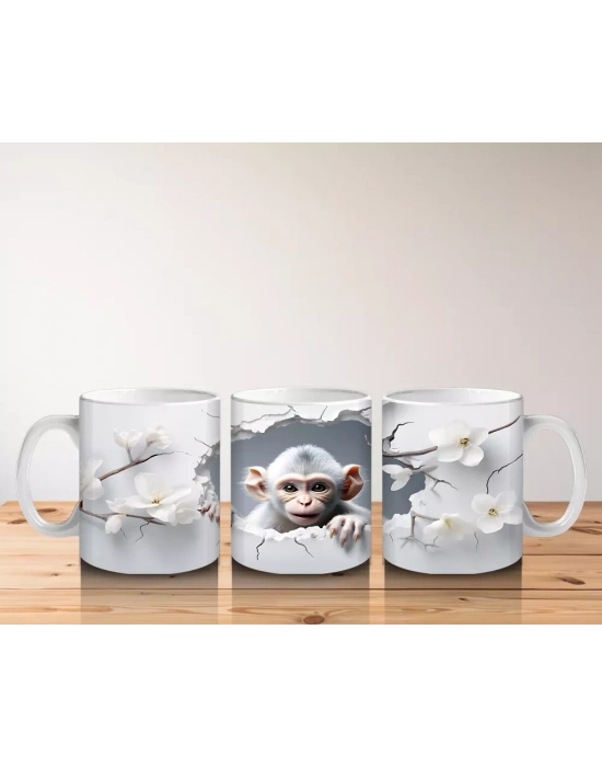 Beyaz Çiçekler Arasında Meraklı Maymun Figürü - Baskılı kahve kupası