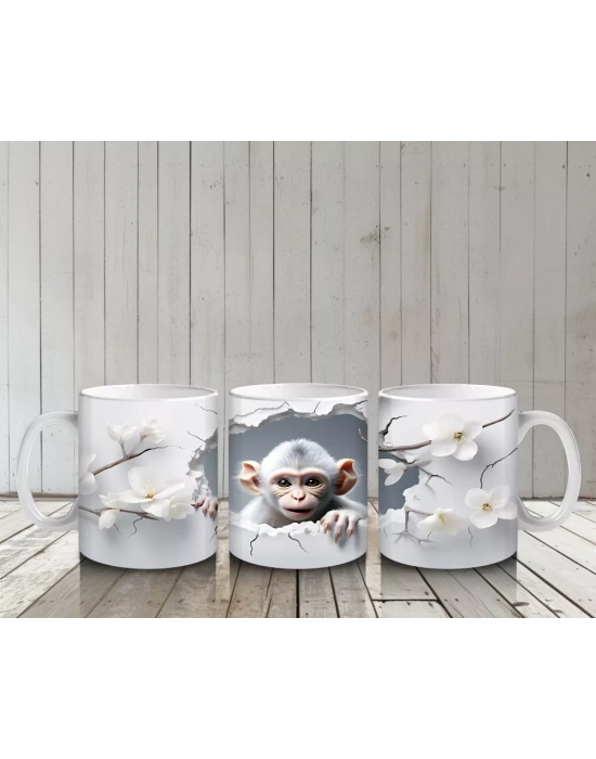 Beyaz Çiçekler Arasında Meraklı Maymun Figürü - Baskılı kahve kupası