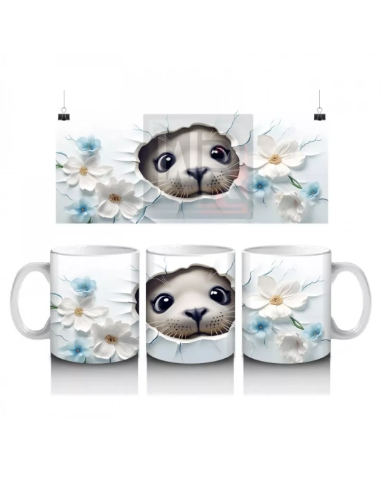 Beyaz Çiçekler Arasında Oturan Sevimli Kirpi – Baskılı Kahve Kupası