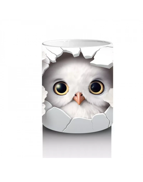 Beyaz Çiçekler Arasında Parlak Gözlü Baykuş – Baskılı Kahve Kupası