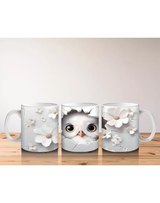 Beyaz Çiçekler Arasında Parlak Gözlü Baykuş – Baskılı Kahve Kupası