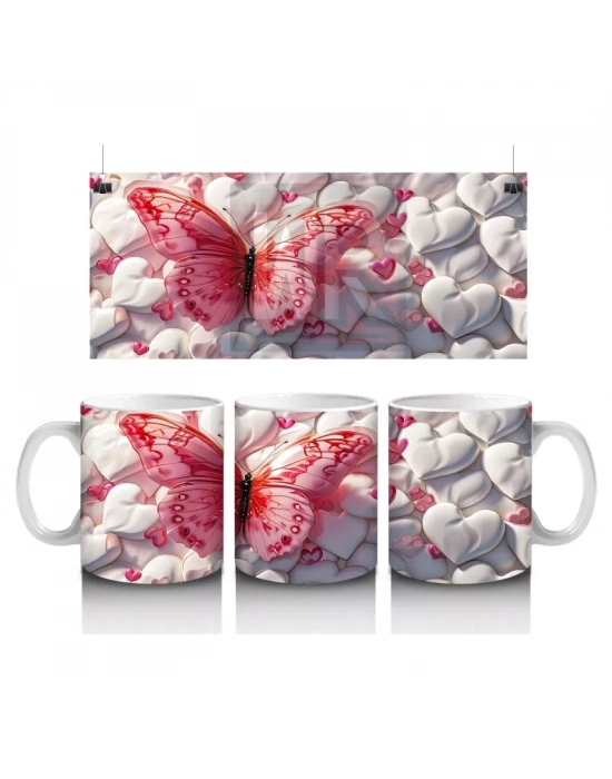 Beyaz Çiçekler Arasında Pembe Kelebek – Baskılı Kahve Kupası