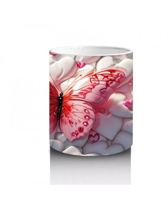 Beyaz Çiçekler Arasında Pembe Kelebek – Baskılı Kahve Kupası