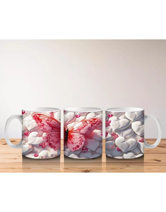 Beyaz Çiçekler Arasında Pembe Kelebek – Baskılı Kahve Kupası