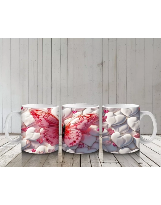 Beyaz Çiçekler Arasında Pembe Kelebek – Baskılı Kahve Kupası
