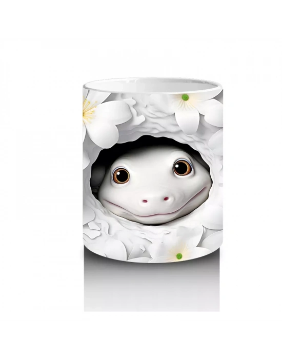 Beyaz Çiçekler Arasında Saklanan Sevimli Yüz Figürü - Baskılı kahve kupası