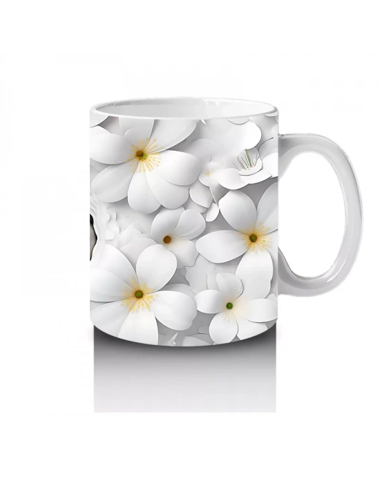 Beyaz Çiçekler Arasında Saklanan Sevimli Yüz Figürü - Baskılı kahve kupası