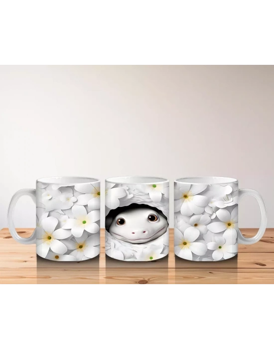 Beyaz Çiçekler Arasında Saklanan Sevimli Yüz Figürü - Baskılı kahve kupası