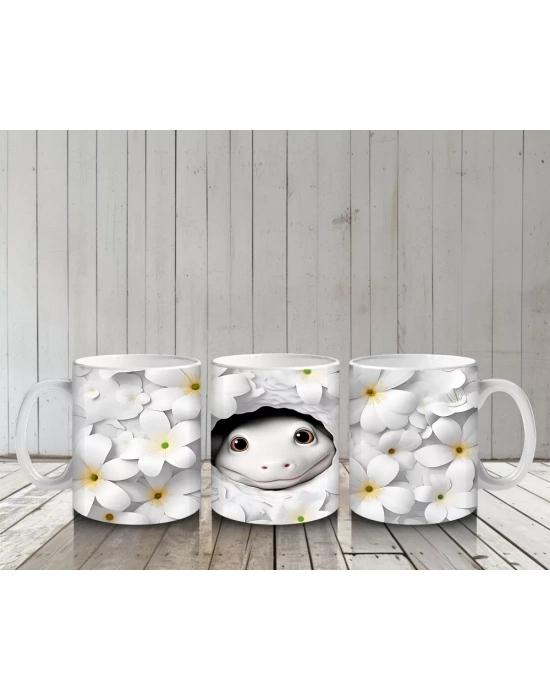Beyaz Çiçekler Arasında Saklanan Sevimli Yüz Figürü - Baskılı kahve kupası