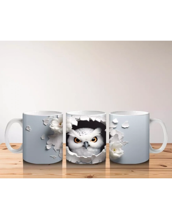 Beyaz Çiçekler Arasında Sarı Gözlü Baykuş – Baskılı Kahve Kupası