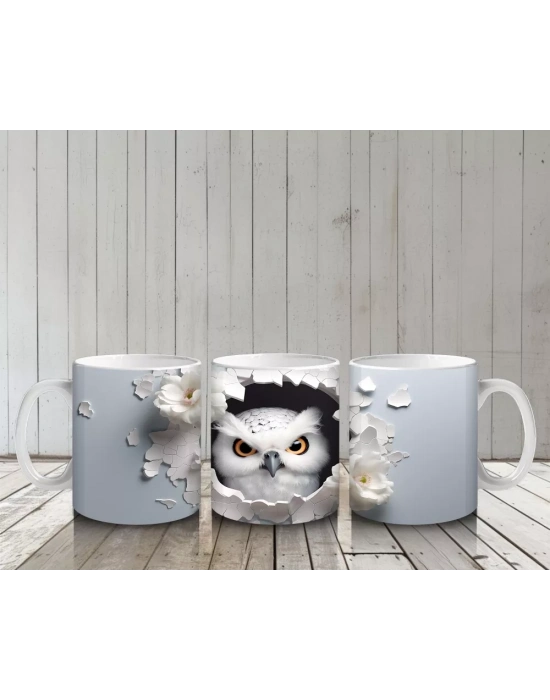 Beyaz Çiçekler Arasında Sarı Gözlü Baykuş – Baskılı Kahve Kupası