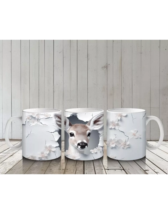 Beyaz Çiçekler Arasında Sevimli Ceylan – Baskılı Kahve Kupası