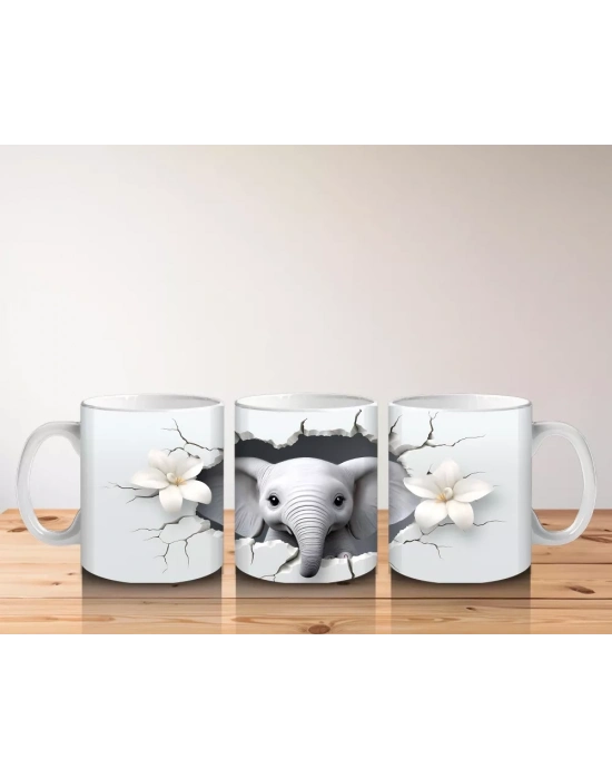 Beyaz Çiçekler Arasında Sevimli Fil – Baskılı Kupa