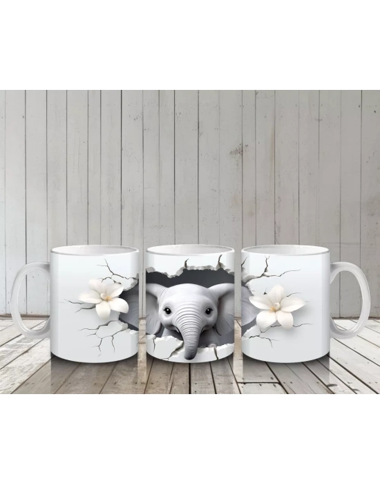 Beyaz Çiçekler Arasında Sevimli Fil – Baskılı Kupa