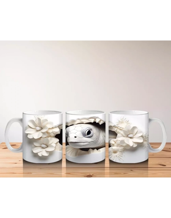 Beyaz Çiçekler Arasında Sevimli Kaplumbağa - Baskılı Kahve Kupası