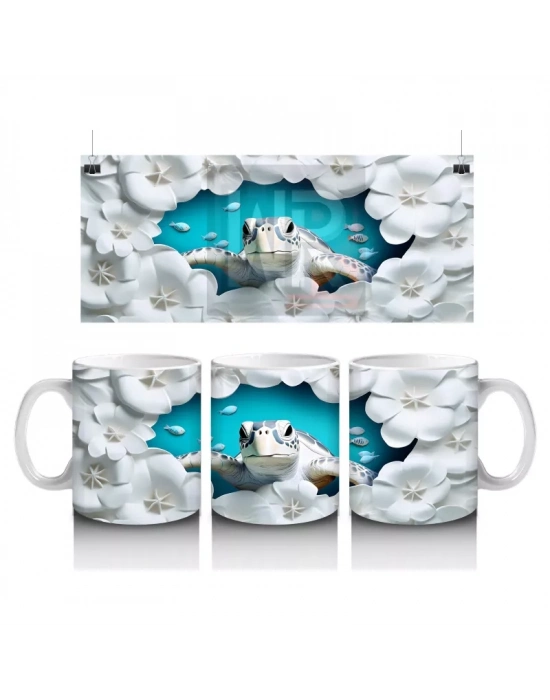 Beyaz Çiçekler Arasında Sevimli Kaplumbağa Desenli Kupa