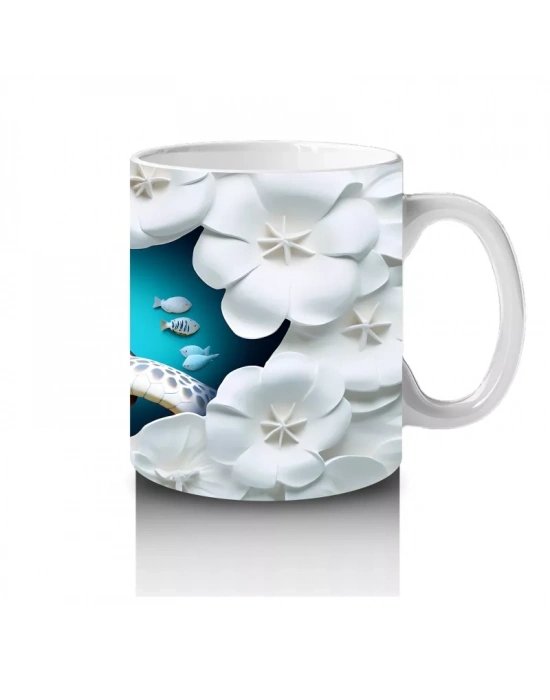 Beyaz Çiçekler Arasında Sevimli Kaplumbağa Desenli Kupa