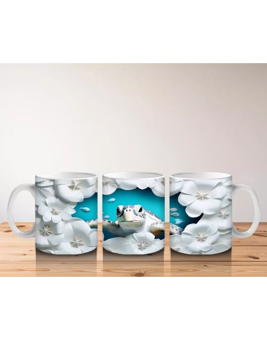 Beyaz Çiçekler Arasında Sevimli Kaplumbağa Desenli Kupa