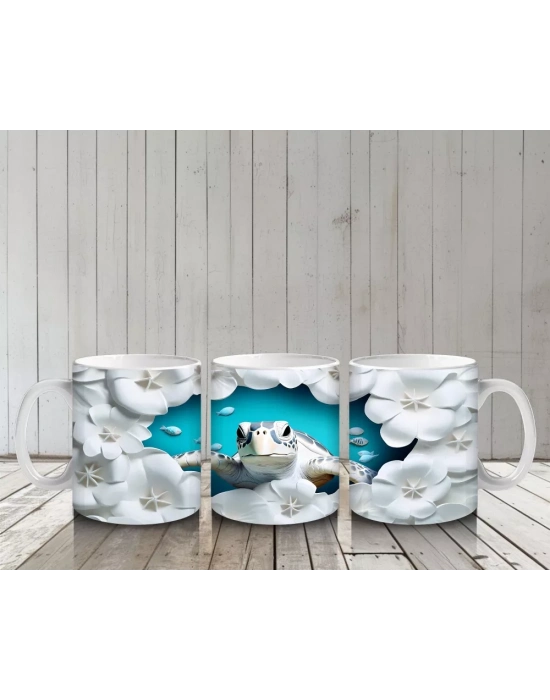 Beyaz Çiçekler Arasında Sevimli Kaplumbağa Desenli Kupa