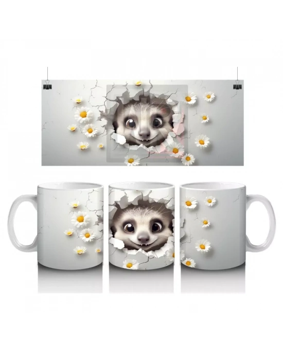 Beyaz Çiçekler Arasında Sevimli Kirpi – Baskılı Kahve Kupası