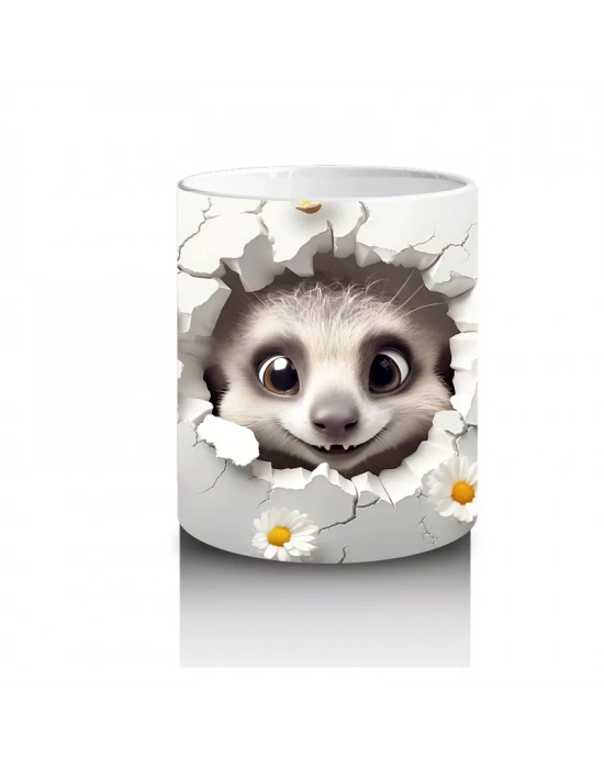 Beyaz Çiçekler Arasında Sevimli Kirpi – Baskılı Kahve Kupası