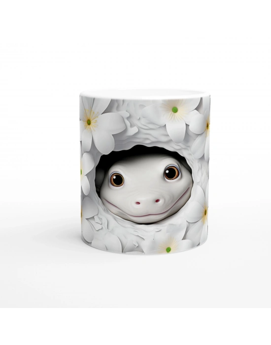 Beyaz Çiçekler Arasında Sevimli Semender Temalı Baskılı Kupa Bardak