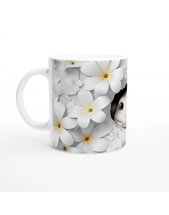 Beyaz Çiçekler Arasında Sevimli Semender Temalı Baskılı Kupa Bardak