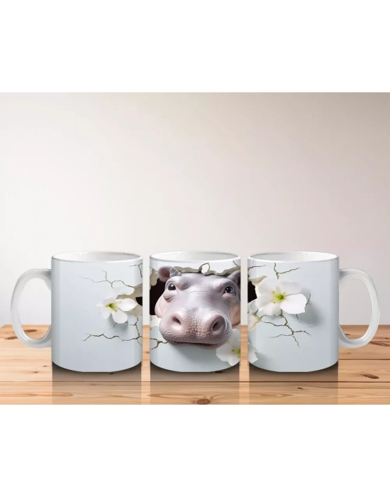 Beyaz Çiçekler Arasında Sevimli Su Aygırı – Baskılı Kahve Kupası