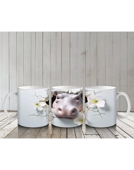 Beyaz Çiçekler Arasında Sevimli Su Aygırı – Baskılı Kahve Kupası