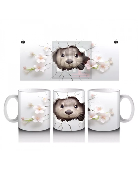 Beyaz Çiçekler Arasında Sevimli Su Samuru - Baskılı Kahve Kupası