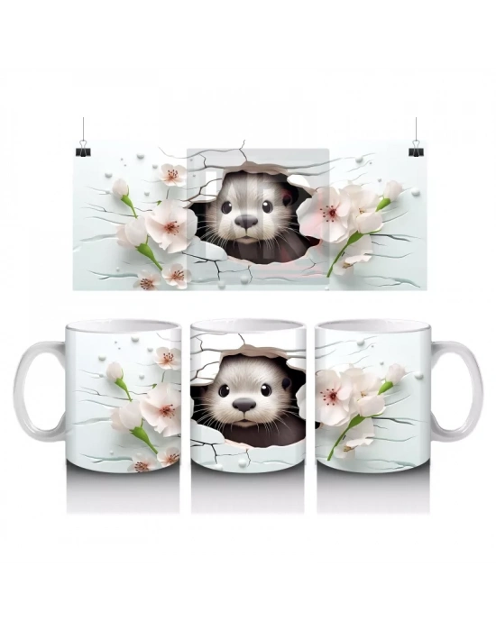 Beyaz Çiçekler Arasında Sevimli Su Samuru – Baskılı Kahve Kupası