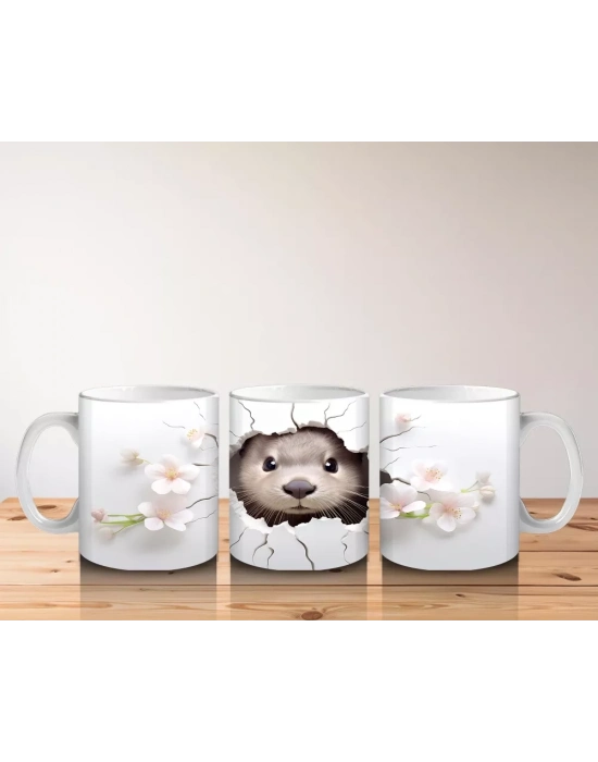 Beyaz Çiçekler Arasında Sevimli Su Samuru - Baskılı Kahve Kupası