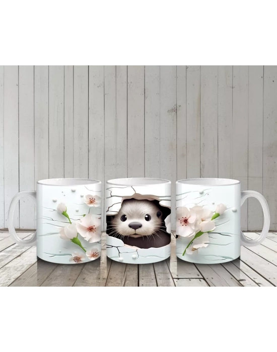 Beyaz Çiçekler Arasında Sevimli Su Samuru – Baskılı Kahve Kupası