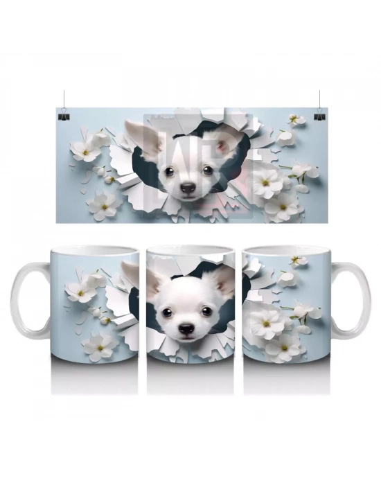 Beyaz Çiçekler Arasında Şirin Chihuahua – Baskılı Kahve Kupası