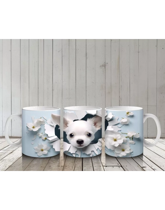 Beyaz Çiçekler Arasında Şirin Chihuahua – Baskılı Kahve Kupası