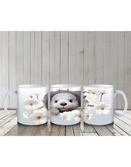 Beyaz Çiçekler Arasında Su Samuru – Baskılı Kahve Kupası